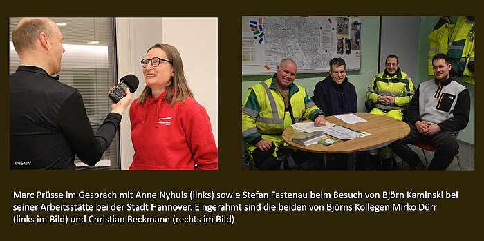 Marc Prüsse im Gespräch mit Anne Nyhuis sowie Stefan Fastenau bei seinem Besuch von Björn Kaminski auf dessen Arbeitsplatz bei der Stadt Hannover